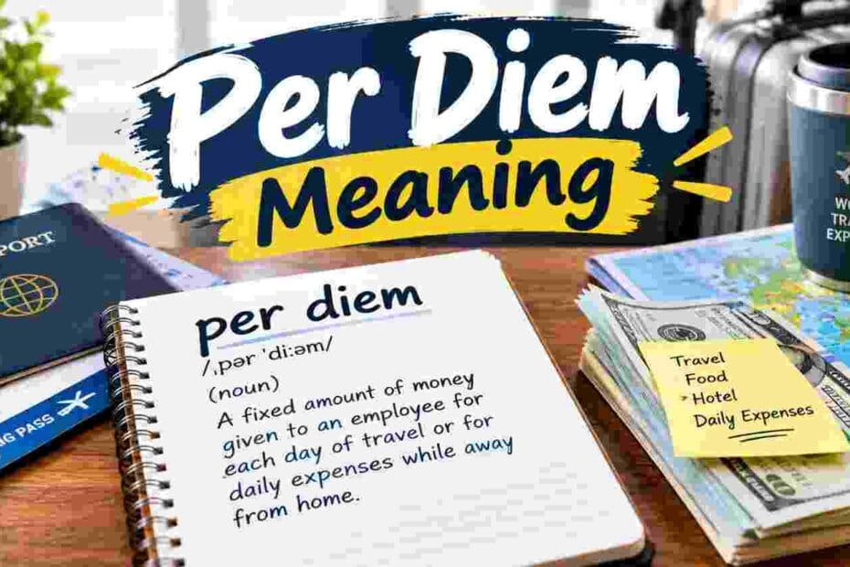 Per diem meaning and definition showing travel expenses, daily allowance, passport, and money