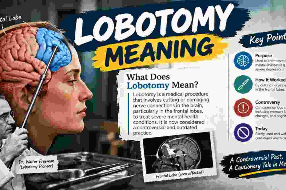 Lobotomy meaning explained with a brain diagram and historical medical imagery