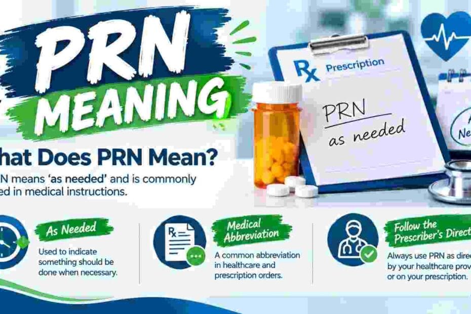 PRN meaning explained with a prescription clipboard, medication bottle, and medical symbols