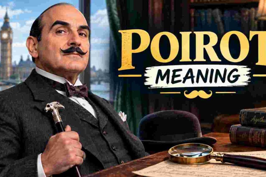 Poirot meaning illustrated by a vintage Belgian detective with waxed moustache and a green pear symbolizing the name's French origin