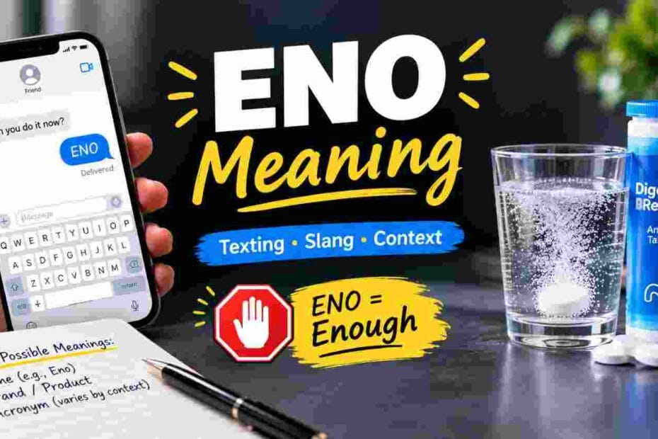 Eno meaning infographic showing a smartphone text exchange where ENO is used as slang for enough, alongside a glass of dissolving Eno antacid tablets and a notebook listing other possible meanings like name, brand, or acronym.