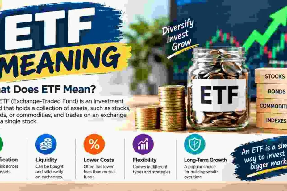 ETF meaning explained with stocks, bonds, commodities, coins, and investment charts
