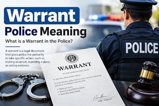 Warrant police meaning explained with a police officer and legal warrant document