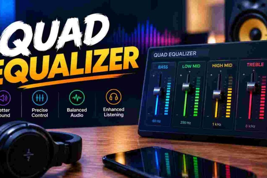 Quad equalizer with four audio frequency controls and sound settings
