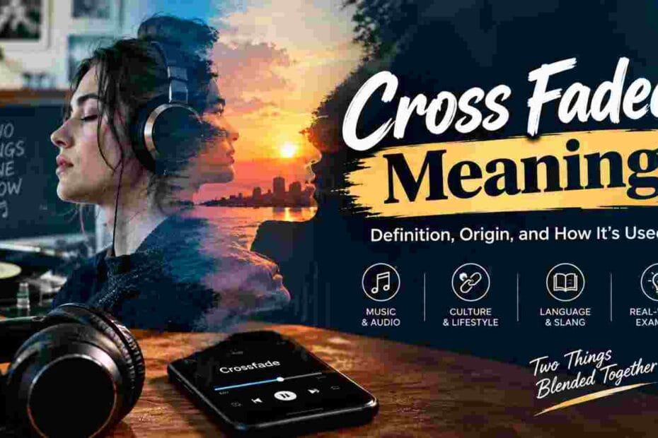 Cross Faded Meaning with headphones, music, sunset, and blended visual concept